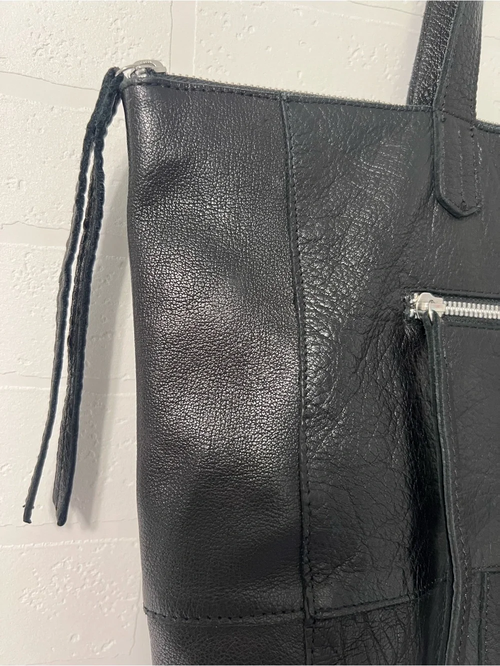 Day & Mood Anthropologie Heather Black Leather Moto Tote Bag Front Zip Pockets